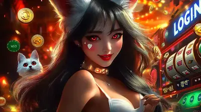 Casino Login Hero Beautiful girl with white cat companion next to illuminated slot login screen