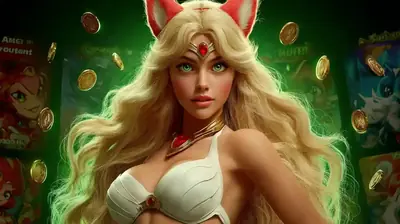 Fantasy Fox Princess Hero Elegant blonde fox-eared character with red gem tiara surrounded by golden coins